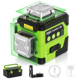 Huepar Laser Level with Digital Angle Screen, 3 x 360° Self Leveling High Brightness 12 Green Cross Line Laser for Construction and Picture Hanging, 4000 mAh Rechargeable Battery & Hard Carry Case