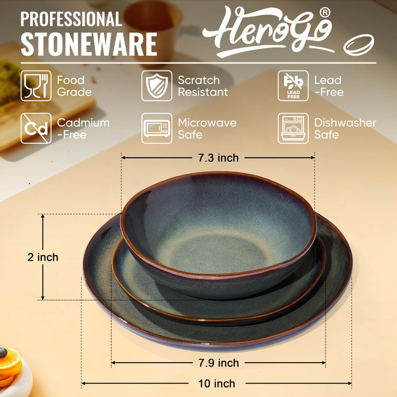 Herogo Stoneware Dinnerware Sets for 8, 24 Piece Plates and