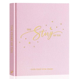 Lanpn Álbum de Recuerdos para Bebé - Libro de Recuerdos de Bebé de Lino - La Historia de Ti - Diario de los Primeros 5 Años de Bebé para Niño o Niña Nuevos Padres (Rosa, 154 Páginas)