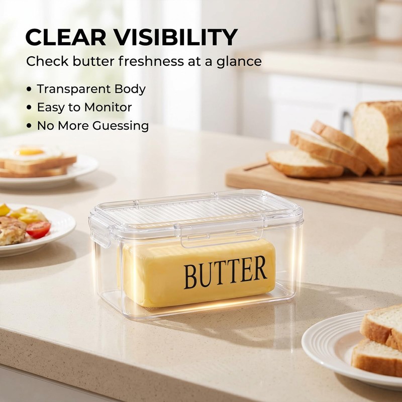 Butter Dish with Lid, PET Butter Keeper with Snap Locks,