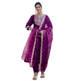VredeVogel Women's Embroidered Silk Blend Straight Kurta Trouser with Dupatta Set | Calf Length Ethnic Casual Kurti Set (Purple_Small)