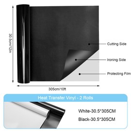 Hcunbsu 2 Rolls of Plotter Film Textile, Vinyl Film Plotter 30.5 x 304 cm Rolls, Plotter Flex Film for T-Shirt, Hat, Clothing or Other Fabrics, Iron-On Film