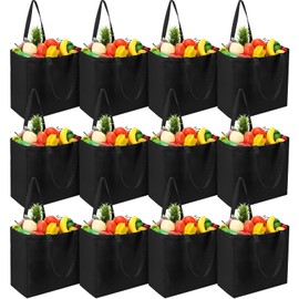 Reginary 12 Pack Canvas Grocery Bag Large Blank Tote Bags, Reusable Canvas Shopping Bag with Long Handle Washable Foldable Natural Heavy Duty Totes Bags Bulk for Kitchen, 14 x 14 x 7.9 Inch (Black)