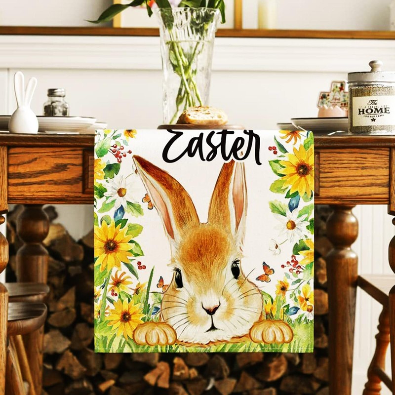 SEAHUI Happy Easter Table Runner Rabbit Tablecloth Bunny Flower Linen