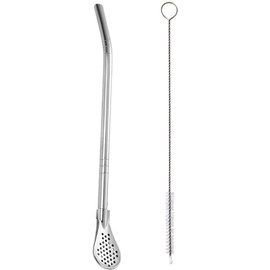 Silver Stainless Steel Straw Tea Strainer Spoon Colorful Stainless Steel Tea Drinking Straws Spoon Filter Tea Strainers and Filters with Brush Reusable Gourd Tea Tool Tea Filters