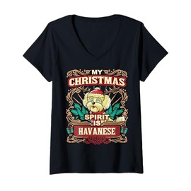 Womens Havanese My Christmas Spirit Dog Santa Claus Elf Reindeer V-Neck T-Shirt