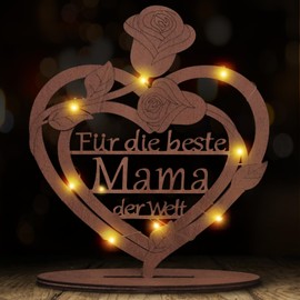 Gifts for Mum Best Mum in the World Wooden Heart Decoration with LED, Mother Gifts Best Mum Birthday Gift Mother's Day Gift for Mum Gift Birthday Christmas Mother's Day (Brown)