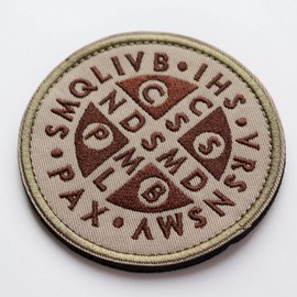 Patch Saint Benedict Medal Velcro Removable Military Survival Game Embroidered Patch (Khaki)