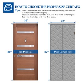 MAGZO Insulated Door Curtain Magnetic, Fits Door Size 30" x 80", Upgraded Oxford Cloth Filled with Thicken Polyester Cotton, Winter Screen Door Insulation Cover Blanket for Front Back Doors (Grey)