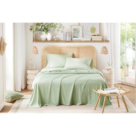 Comfort Spaces Cooling Sheet Set Poly X Rayon Blend (Rayon Derived from Bamboo), Soft, Silky, Lustrous, Heathered Finish Queen Sheets for Summer All Season Sheet Set, Queen, Sage Green, 4 Piece