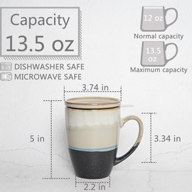 Bosmarlin Ceramic Tea Cup with Infuser and Lid, 13.5 Oz, 4 Colors to Choose, Microwave and Dishwasher Safe, Steeping Tea Mug with Strainer, Reactive Glaze (Grey)