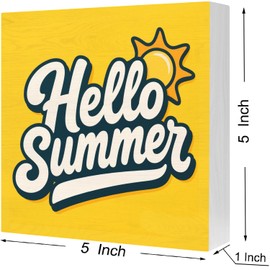 "Hello Summer" Rustic Wood Sign - Farmhouse Seasonal Decor for Porch, Shelf and Mantel - Summer Welcome Wood Box Decor Gift (5x5 Inch)