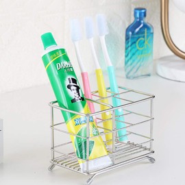 Emoly Upgraded Toothbrush Holder，Plating Stainless Steel Rustproof Bathroom Electric Toothbrush Holder Toothpaste Storage Organizer Multi-Functional 6 Slots Stand for Vanity, Cleanser - Silver