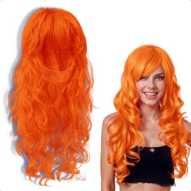 Peluca de Fantasía Rizos de Tamaño Largo para Eventos Bodas y Fiestas Pelo/Cabello Artificial Chino Estilo Hondulado de Color Naranja Tipo Fantasía GR