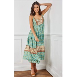 Angashion Women's Dresses Floral Adjustable Spaghetti Strap V Neck Boho Long Maxi Dress Summer Beach Flowy Ethnic Sundress 2141 Green Small