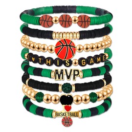 HZEYN Basketball Bracelets for Women Stack Beaded Basketball Friendship Bracelets Game Day Sports Basketball Charm Bracelet Bangles Basketball Mom Accessories Outfits Jewelry Gifts (Green Black)