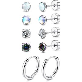 Jstyle Titanium Earrings, Unisex, Popular, Hypoallergenic, Titanium, Flat Back Earrings, CZ, Opal, Moonstone, Ears, Cartilage, Silver, Stud Earrings for Women and Men, Titanium Stainless Steel Silver
