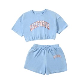 SHENHE - Conjunto de 2 piezas de playera corta y pantalones cortos para niña, Azul bebé, 12 Años