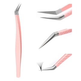Independent Tweezers, Eyelash Extension, Pink Stainless Steel Curved Tip, Professional Eyelash Tweezers, Striped Fadvan (Feather Shape)