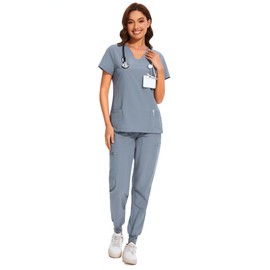 COZYFIT Scrubs for Women - V-Neck Top & Cargo Pants Scrubs Set with 10 Pockets - Grey, S