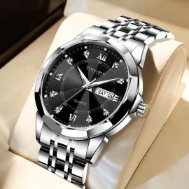 Reloj de Cuarzo TINAIBIN TB6020 de Acero Impermeable para Hombre，Correa Color Plateado Bisel Plateado Fondo Negro