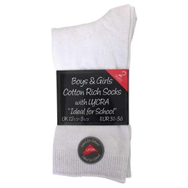 David James 6 Pairs Girls & Boys School Socks, 4 Colours, 3 Sizes (12-3 Uk (7-10 Years), White)