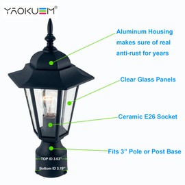 YaoKuem Outdoor Post Light, Pole Lantern, E26 Base 60W Max, Aluminum Housing Plus Glass, Wet Location Rated, Bulbs not Included, Matte Black, 2 Pack