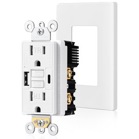 SURAIELEC 15 Amp GFCI Outlet with USB-C & USB-A Ports, Self-Test GFI Electrical Outlet, Tamper-Resistant, Screwless Wall Plate Included, Thinner Design GFCI USB Outlet, ETL Listed, White, 1-Pack