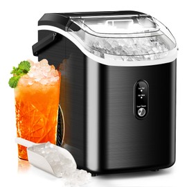 Nugget Ice Makers Countertop with Soft Chewable Pellet Ice, Stainless Steel Black, 7Mins Ice Making, 35.5Lbs/24Hrs, Pebble Ice Maker with Self-Cleaning/Basket/Scoop for Home/Office/Bar