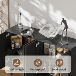 FONTOI Sideboard Cabinet with Rattan Doors, Kitchen Buffet Cabinet with Storage, Modern Farmhouse Large Accent Cabinet Credenza for Entryway Dining Room, Black