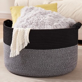 OIASKET Large Blanket Storage Basket for Living Room, 22.8" x 22.8" x 13" Woven Cotton Rope Basket with Handles, Baby Toy Storage, Laundry Hamper for Clothes, Pillows, Towels-Black and Grey