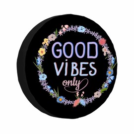 MIYASANG Good Vibes Slogan Spare Tire Cover Purple Floral Trendy Print Creative Inspirational Wreath Weatherproof Universal Wheel Protectors Camper Tire Covers for Trailer Rv Travel(17 inch)