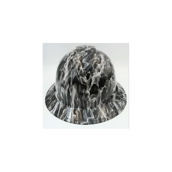 Wet Works Imaging Customized Pyramex Full Brim White Flames Hard Hat with Ratcheting Suspension