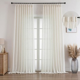 Ftinala Cream Beige Pinch Pleated Linen Sheer Curtains 96 Inches Long 2 Panels Set, Natural Living Room Light Filtering Drapes, Neutral Window Treatments with Rings & Hooks & Back Tab