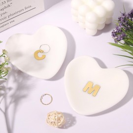 ‌Heart-Shaped Marble Jewelry Trinket Tray with Metal Monogram - 4 Inch Non-Slip Stone Entryway Key Dish Organizer, Bridesmaid Gift for Wedding, Anniversary, Valentine's Day, Home Vanity Decor (C)