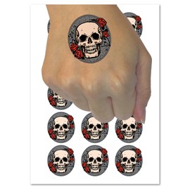 Skull and Roses Flowers Bones Temporary Tattoo Water Resistant Fake Body Art Set Collection - 54 1" Tattoos (1 Sheet)