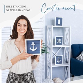 TideAndTales 3D Nautical Wall Decor (Famed Set of 3) Anchor, Lighthouse and Ship Wheel - Rustic Beach Bathroom Coastal Theme Home Decorations - Nautical Gifts 7"x7"), Classic Blue