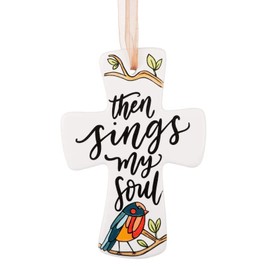 Glory Haus, Wall Cross, Ceramic, Hand-painted, 4"x6" for children and adults (Bird Sings My Soul)