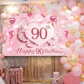 90th Birthday Decorations - Pink 90th Happy Birthday Birthday Backdrop, Happy Birthday Banners 90th, 90th Birthday Party Decorations, Happy 90th Birthday, 90th Birthday Decorations For Women