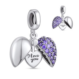 NINGAN Love Heart Charm Engraved Family Collection Beads - Authenic S925 Sterling Silver Bead Charms with Cubic Zirconia Charms Fit Bracelets and Necklaces