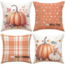 Set of 4 Thanksgiving Decorative Cushion Covers, Autumn Cushion Covers, Decorative Cushion Cover, Linen Pumpkin Maple Leaves Throw Cushion Cover for Office, Bedroom, Car Decoration, 45 x 45 cm (4)