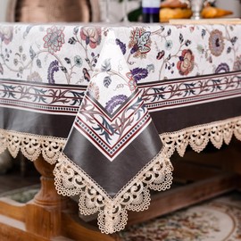 ARTABLE Printed Tablecloth Waterproof Oilproof Vintage Lace Boarder Floral Classic French Country Printed Table Cover Farmhouse Decoration Home Kitchen Indoor Outdoor Dining (Beige-2, 60 x 84 Inch)
