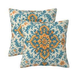 Blue Orange Boho Pillow Covers 20x20 Inch Set of 2 Ethnic Carpet Pattern Floral Outdoor Decorative Throw Pillows Fall Vintage Cushion Covers for Sofa Bed Couch Living Room Decor