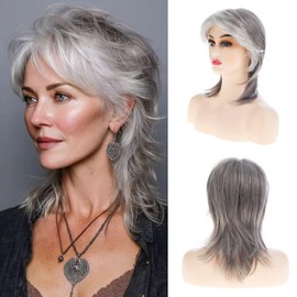 Sallcks Short Grey White Mullet Wig with Bangs Shaggy Layered Pixie Synthetic Party Cosplay Halloween Costume Wig