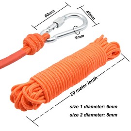 Fishing Magnetic Rope with Carabiner, 65 Feet (20 Metres) All-Purpose Nylon Cord with High Strength Safety and Durable Rope, Heavy Rope with Safety Lock, Diameter 6 mm (0.23 inches), Orange