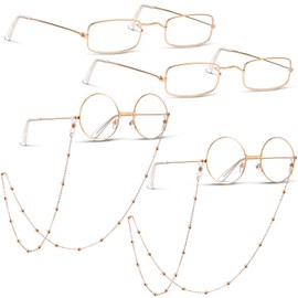 Fiada 6 Pieces Old Man Glasses Costume Set 2 Round Eyeglasses 2 Square Glasses 2 Beaded Chain for Dress up Cosplay(Gold)