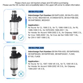 Set of 4 Fuel Injector Compatible with Honda Accord 2.3L 98-02 Civic 1.6L 96-00 CR-V 2.0L 97-98 Odyssey 1998 for Acura Integra 96-01 RL 96-99 TL 96-98 CL 1999 Replace 06164P2J000 06164-P2J-000 1 Hole