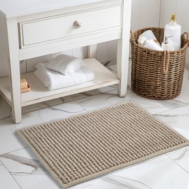 FRESHMINT Thick Chunky Chenille Bathroom Rugs 17"x24", Non Slip Bath Mat for Bathroom Floor, Small Soft Bathroom Decor Accessories, Cute Shower Mat Water Absorbent, Washable, Beige