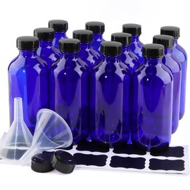 PINIWON 12 Pack 8 oz Cobalt Blue Glass Bottles, 240ml Boston Round Sample Bottles with Black Poly Cone Caps, Labels and Funnels