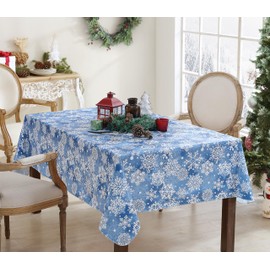 Newbridge Winter Holiday Blue Snowflakes Vinyl Tablecloth with Flannel Backing, Crystal Snowflake Christmas Easy Care Wipe Clean Tablecloth, 60” x 102” Oblong/Rectangle